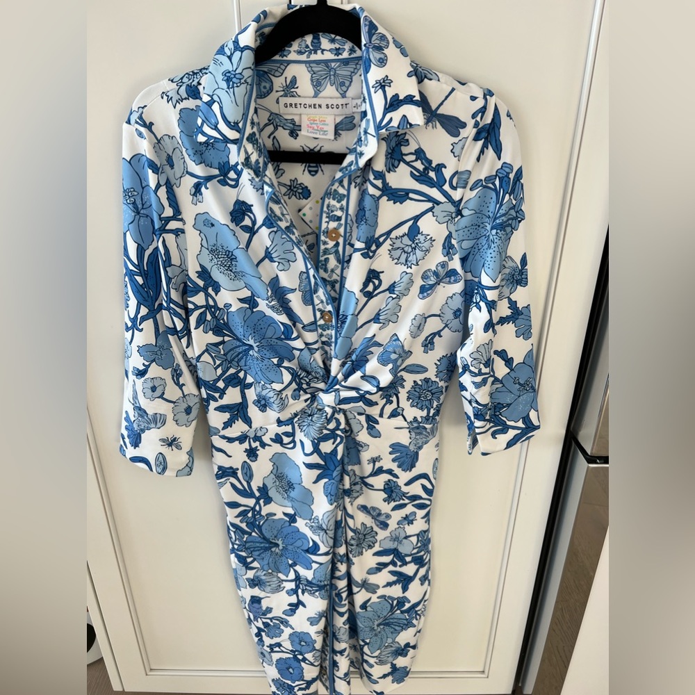 Gretchen Scott blue multi dress size large NWT